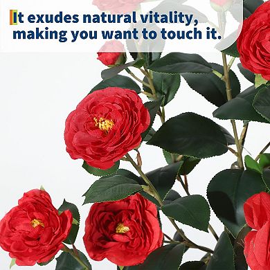 Artificial Camellia Tree,Realistic Silk Flowers & Foliage, Lifelike Fake Tree for Home Decor