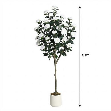 Artificial Camellia Tree,Realistic Silk Flowers & Foliage, Lifelike Fake Tree for Home Decor