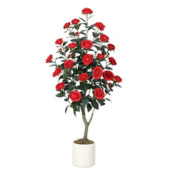 Artificial Camellia Tree,Realistic Silk Flowers & Foliage, Lifelike Fake Tree for Home Decor