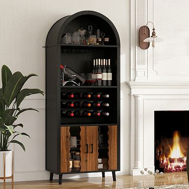 KWPZQEB Farmhouse Arched Bar Cabinet with Wine Rack & Wine Glass Holder for Dining Room