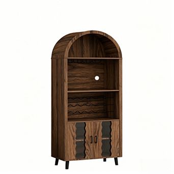 KWPZQEB Farmhouse Arched Bar Cabinet with Wine Rack & Wine Glass Holder for Dining Room