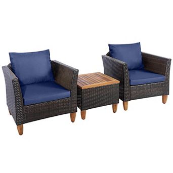 Costway 3 pc Patio Wicker Rattan Sofa Set Furniture Outdoor Acacia Wood Conversation