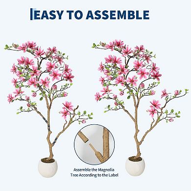 Artificial Magnolia Tree with Soft Pink Blooms,Realistic Silk Floor Plant for Home Office Decor