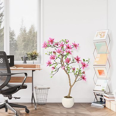 Artificial Magnolia Tree with Soft Pink Blooms,Realistic Silk Floor Plant for Home Office Decor