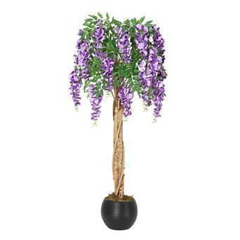 Artificial Purple Bean Flower Tree, Purple Red Silk Fake Plant with Pot,Lifelike Hanging Vine & Moss