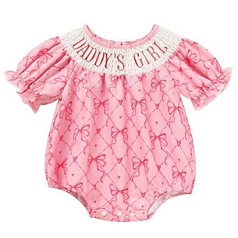 Daddy's Girl Smocked Baby Romper Bow Heart Print Ruffle Sleeve Snap Closure