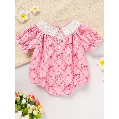 Daddy's Girl Smocked Baby Romper Bow Heart Print Ruffle Sleeve Snap Closure