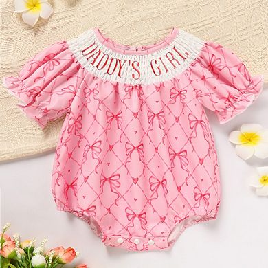 Daddy's Girl Smocked Baby Romper Bow Heart Print Ruffle Sleeve Snap Closure
