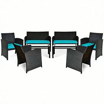 Costway 8 pc Patio Rattan Furniture Conversation Set Cushion Sofa Table Garden