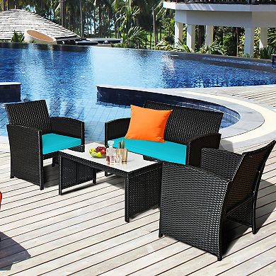 Costway 8PCS Patio Rattan Furniture Conversation Set Cushion Sofa Table Garden