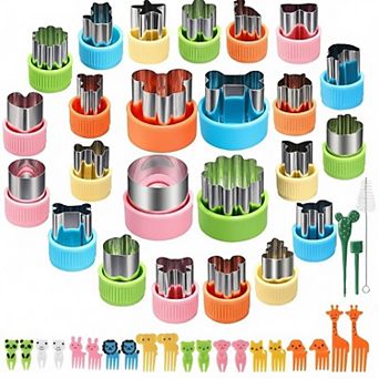 47 pc Fruit Cutter Set Stainless Steel Food Shape Molds with Animal Picks and Cleaning Brush