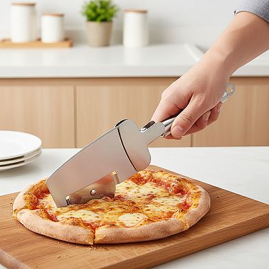 Stainless Steel Pizza Cutter and Server Spatula with Rolling Blade Foldable Handle Kitchen Tool