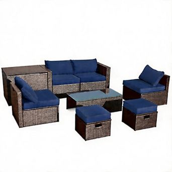 8 pc Patio Furniture Set with Storage Box and Waterproof Cover