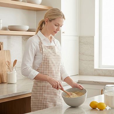 Kitchen Apron Gingham Check Pattern with Lace Trim Adjustable Neck Strap Dual Front Pockets