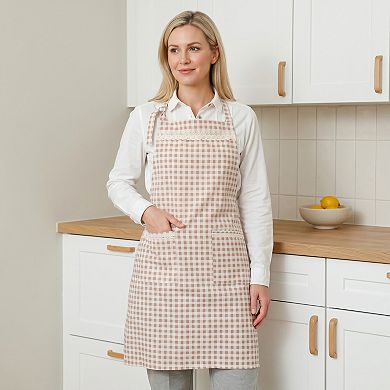 Kitchen Apron Gingham Check Pattern with Lace Trim Adjustable Neck Strap Dual Front Pockets