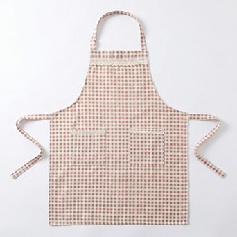 Kitchen Apron Gingham Check Pattern with Lace Trim Adjustable Neck Strap Dual Front Pockets