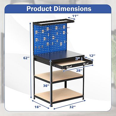 Heavy Duty Metal Workbench with Pegboard Drawer and Storage Shelves