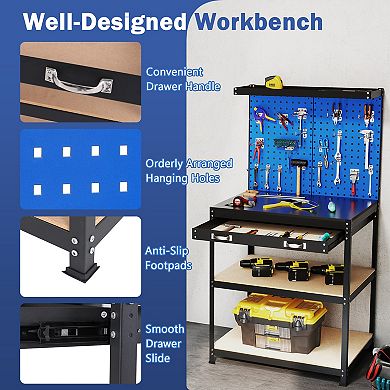 Heavy Duty Metal Workbench with Pegboard Drawer and Storage Shelves