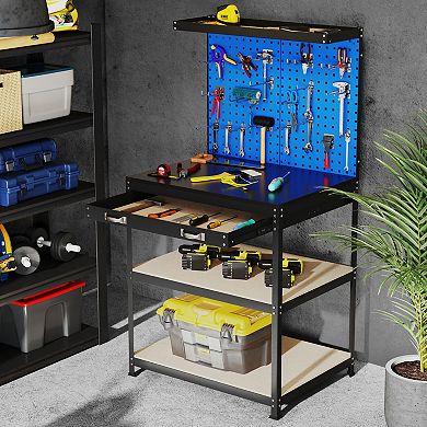 Heavy Duty Metal Workbench with Pegboard Drawer and Storage Shelves