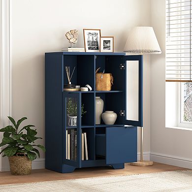 KWPZQEB Rustic Cupboard with Open Storage Space, 2 Glass Doors & Drawer, Entryway Storage for Home