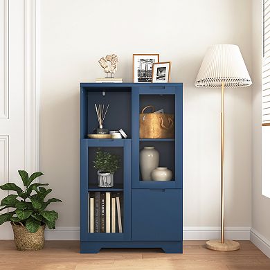 KWPZQEB Rustic Cupboard with Open Storage Space, 2 Glass Doors & Drawer, Entryway Storage for Home