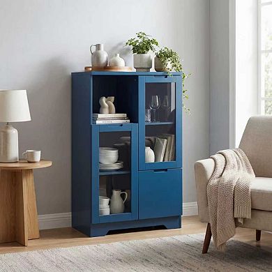 KWPZQEB Rustic Cupboard with Open Storage Space, 2 Glass Doors & Drawer, Entryway Storage for Home