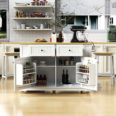 KWPZQEB Kitchen Island with Drop Leaf & Power Outlet, Internal Storage Rack & 5 Wheels for Kitchen