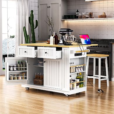 KWPZQEB Kitchen Island with Drop Leaf & Power Outlet, Internal Storage Rack & 5 Wheels for Kitchen