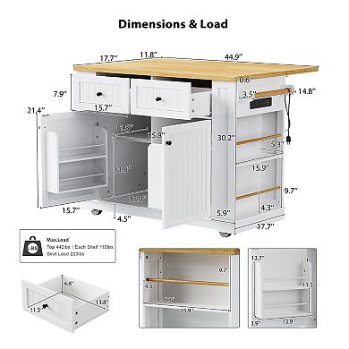 KWPZQEB Kitchen Island with Drop Leaf & Power Outlet, Internal Storage Rack & 5 Wheels for Kitchen