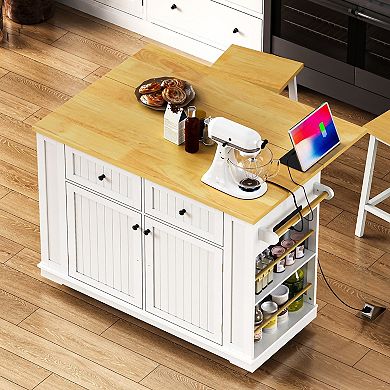 KWPZQEB Kitchen Island with Drop Leaf & Power Outlet, Internal Storage Rack & 5 Wheels for Kitchen