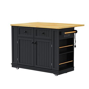 KWPZQEB Kitchen Island with Drop Leaf & Power Outlet, Internal Storage Rack & 5 Wheels for Kitchen