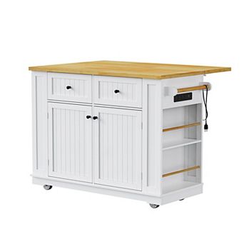 KWPZQEB Kitchen Island with Drop Leaf & Power Outlet, Internal Storage Rack & 5 Wheels for Kitchen