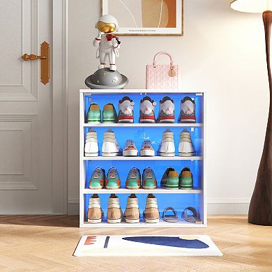 KWPZQEB Glass Door Shoe Box with RGB LED Light, 4 Tier Shoe Storage Display Case for Sneakers