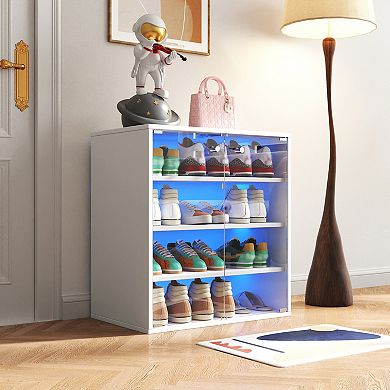 KWPZQEB Glass Door Shoe Box with RGB LED Light, 4 Tier Shoe Storage Display Case for Sneakers