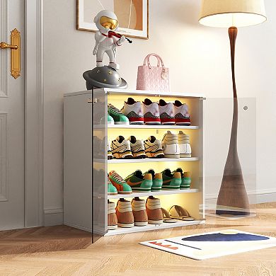KWPZQEB Glass Door Shoe Box with RGB LED Light, 4 Tier Shoe Storage Display Case for Sneakers
