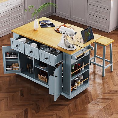 KWPZQEB Large Kitchen Island with Drop Leaf & Power Outlet, Door Internal Storage Rack & 5 Wheels