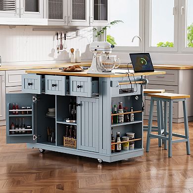 KWPZQEB Large Kitchen Island with Drop Leaf & Power Outlet, Door Internal Storage Rack & 5 Wheels