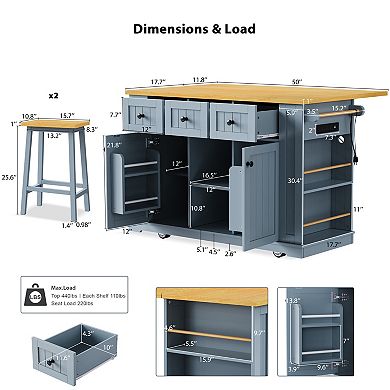 KWPZQEB Large Kitchen Island with Drop Leaf & Power Outlet, Door Internal Storage Rack & 5 Wheels