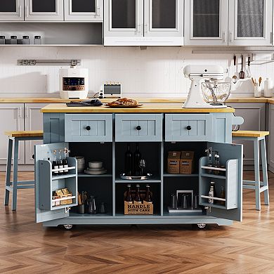 KWPZQEB Large Kitchen Island with Drop Leaf & Power Outlet, Door Internal Storage Rack & 5 Wheels