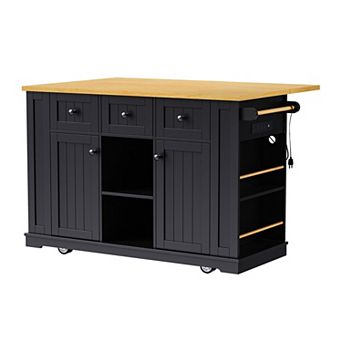 KWPZQEB Large Kitchen Island with Drop Leaf & Power Outlet, Door Internal Storage Rack & 5 Wheels