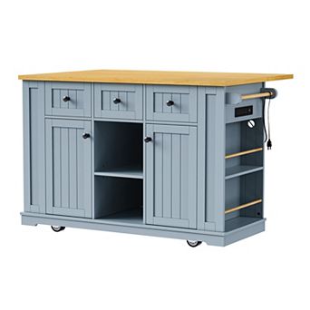 KWPZQEB Large Kitchen Island with Drop Leaf & Power Outlet, Door Internal Storage Rack & 5 Wheels
