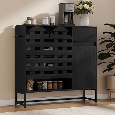 KWPZQEB Rustic Buffet Cabinet with Woven Door, Coffee Bar Cabinet with Multi layer Adjustable