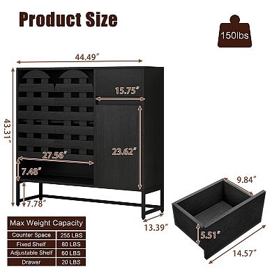 KWPZQEB Rustic Buffet Cabinet with Woven Door, Coffee Bar Cabinet with Multi layer Adjustable