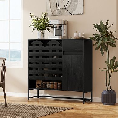 KWPZQEB Rustic Buffet Cabinet with Woven Door, Coffee Bar Cabinet with Multi layer Adjustable