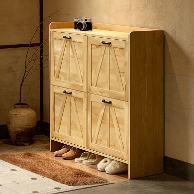 KWPZQEB 2 Barn Doors Shoe Cabinet with 4 Flip Drawers for Living Room, Entryway