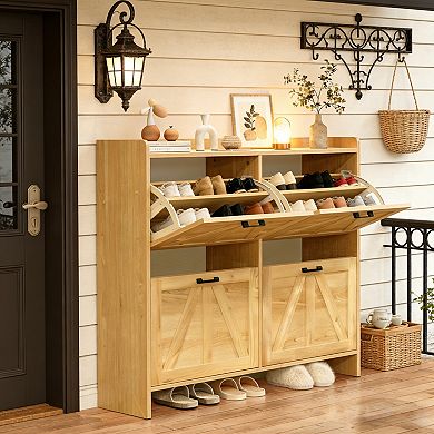 KWPZQEB 2 Barn Doors Shoe Cabinet with 4 Flip Drawers for Living Room, Entryway