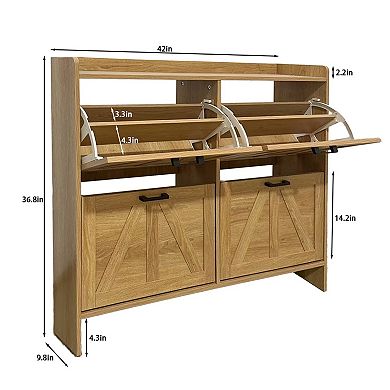KWPZQEB 2 Barn Doors Shoe Cabinet with 4 Flip Drawers for Living Room, Entryway