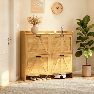 KWPZQEB 2 Barn Doors Shoe Cabinet with 4 Flip Drawers for Living Room, Entryway