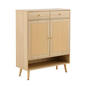 KWPZQEB Farmhouse Multi-functional Natural Wood Shoe Cabinet with 2 Doors & 2 Drawers