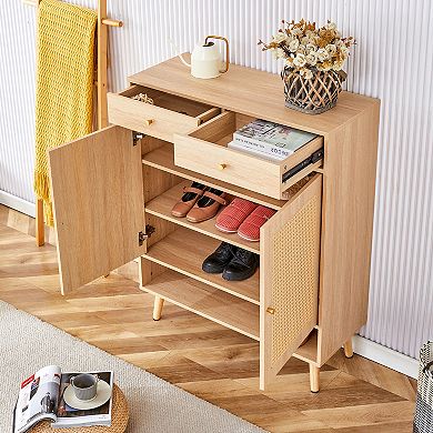 KWPZQEB Farmhouse Multi-functional Natural Wood Shoe Cabinet with 2 Doors & 2 Drawers